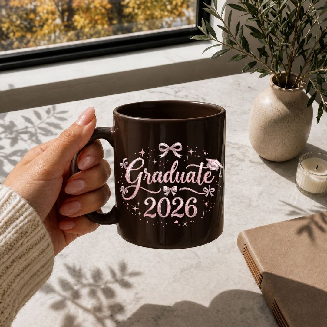 Graduate 2026 Ceramic Coffee Mug, Dark Brown Mug Mockup, Class of 2026 Graduation Gift, Cute Coquette Bow Senior Year Office Desk Cup