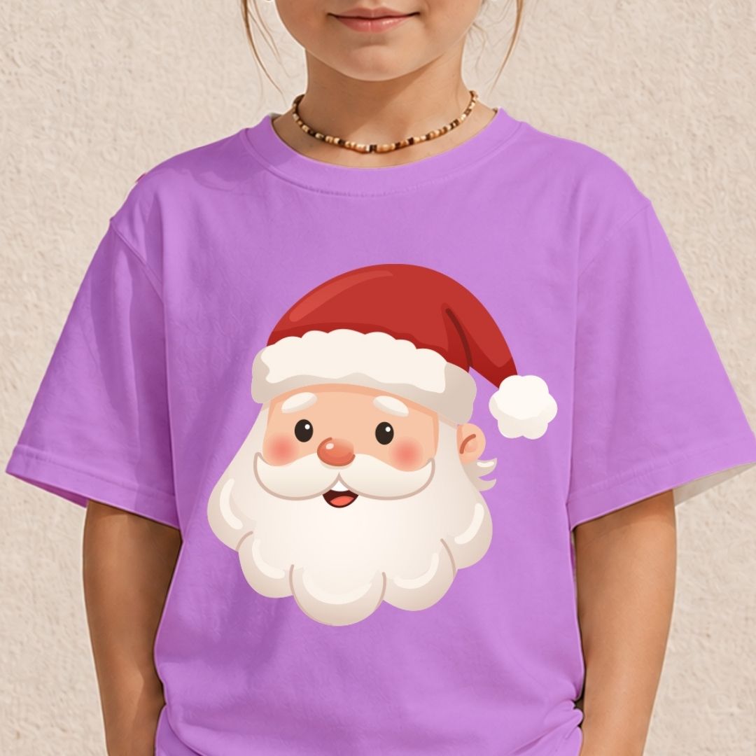 A child wearing a purple short-sleeve t-shirt with a large cartoon Santa Claus face graphic on the front, featuring a red hat and white beard.