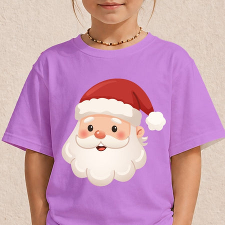 A child wearing a purple short-sleeve t-shirt with a large cartoon Santa Claus face graphic on the front, featuring a red hat and white beard.