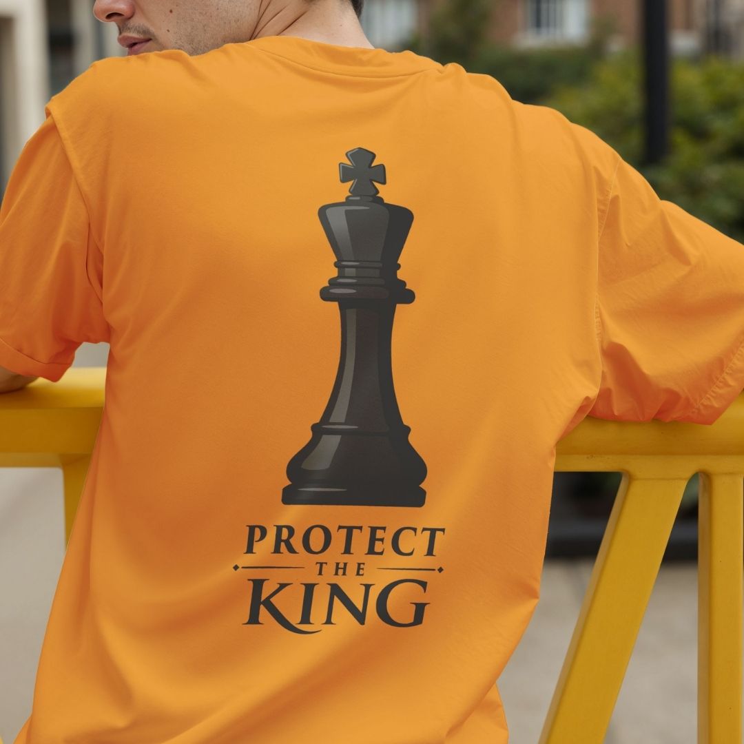 Chess Back Print T-Shirt, Protect the King Orange Tee, Minimalist Men's Chess Shirt, Chess Player Gift, Bold Graphic Streetwear Tee