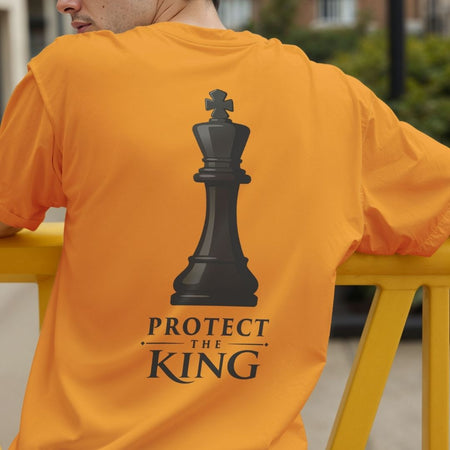 Chess Back Print T-Shirt, Protect the King Orange Tee, Minimalist Men's Chess Shirt, Chess Player Gift, Bold Graphic Streetwear Tee
