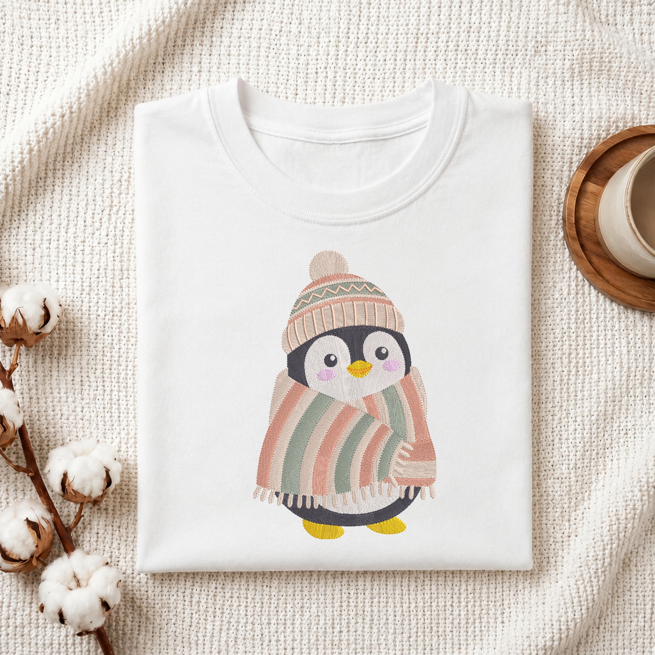 A folded white crewneck t-shirt featuring a cute cartoon penguin wearing a striped knit hat and a pink, green, and beige striped blanket. The t-shirt is styled in a cozy flat-lay setting on a textured cream knit blanket, with cotton bolls on the left and a ceramic mug on a wooden coaster on the right.