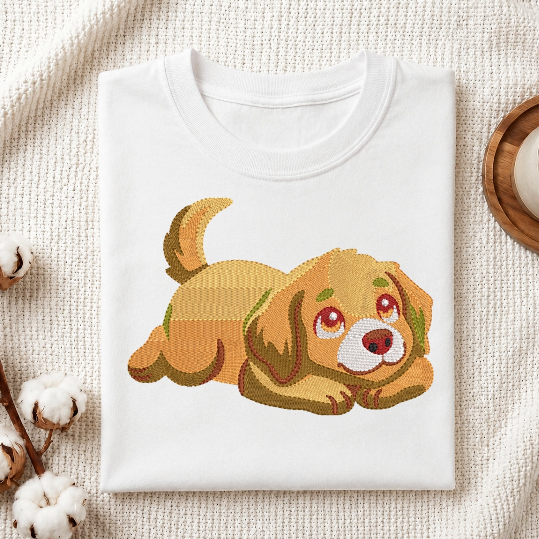 White sweatshirt with a dog design on a textured surface