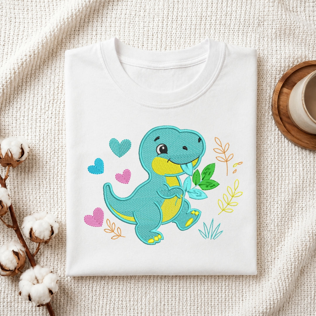 A woman carrying a canvas tote bag decorated with a colorful, cute machine-embroidered cartoon dinosaur design.
