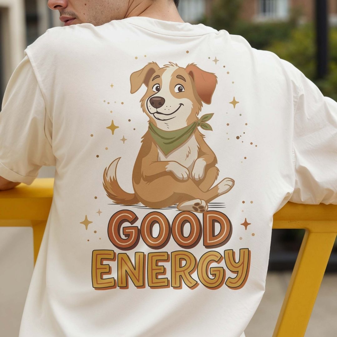 A person wearing a white graphic T-shirt, shown from the back. The shirt features a cartoon dog wearing a green bandana with the words 'GOOD ENERGY' in large brown and gold letters.
