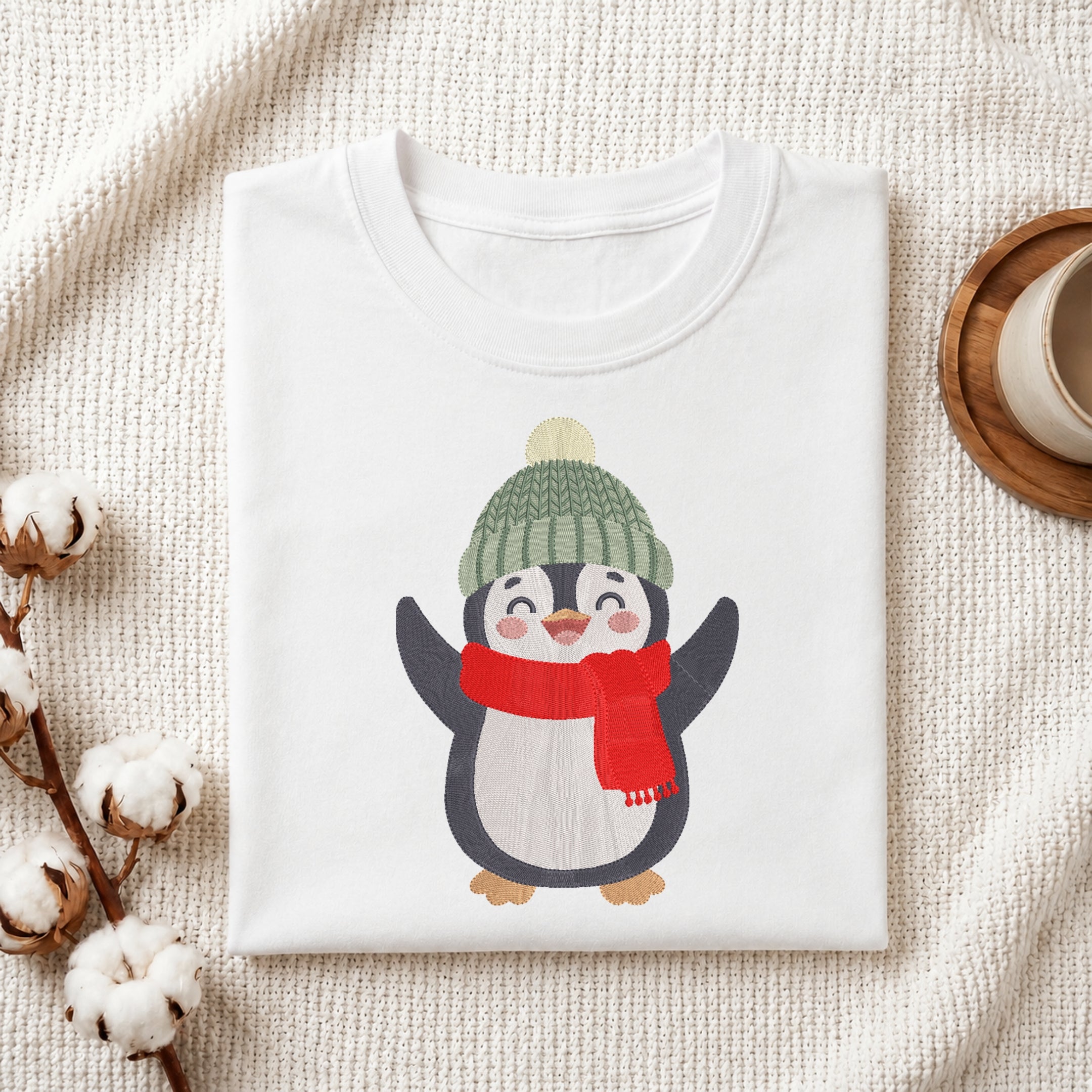 A folded white T-shirt with a cute penguin graphic wearing a green knit hat and red scarf, styled on a textured cream fabric with cotton stems and a small cup in the corners.