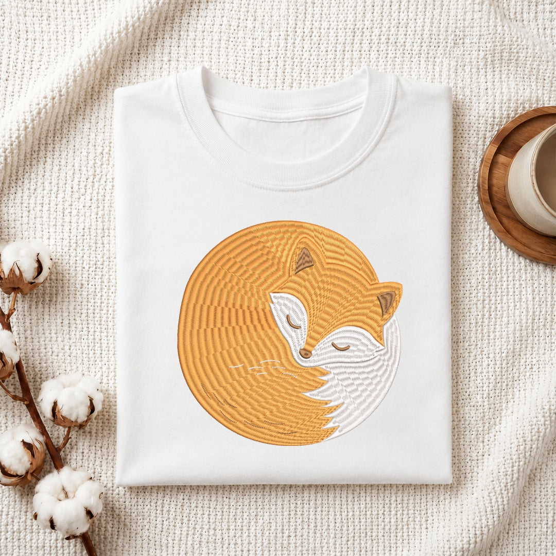 Woodland Fox Embroidered T-Shirt Flat Lay, Custom Animal Shirt Design, Machine Embroidery Apparel Mockup, Cute Forest Botanical Clothing File
