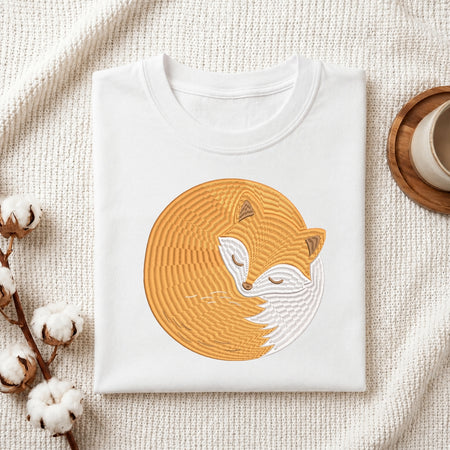Woodland Fox Embroidered T-Shirt Flat Lay, Custom Animal Shirt Design, Machine Embroidery Apparel Mockup, Cute Forest Botanical Clothing File
