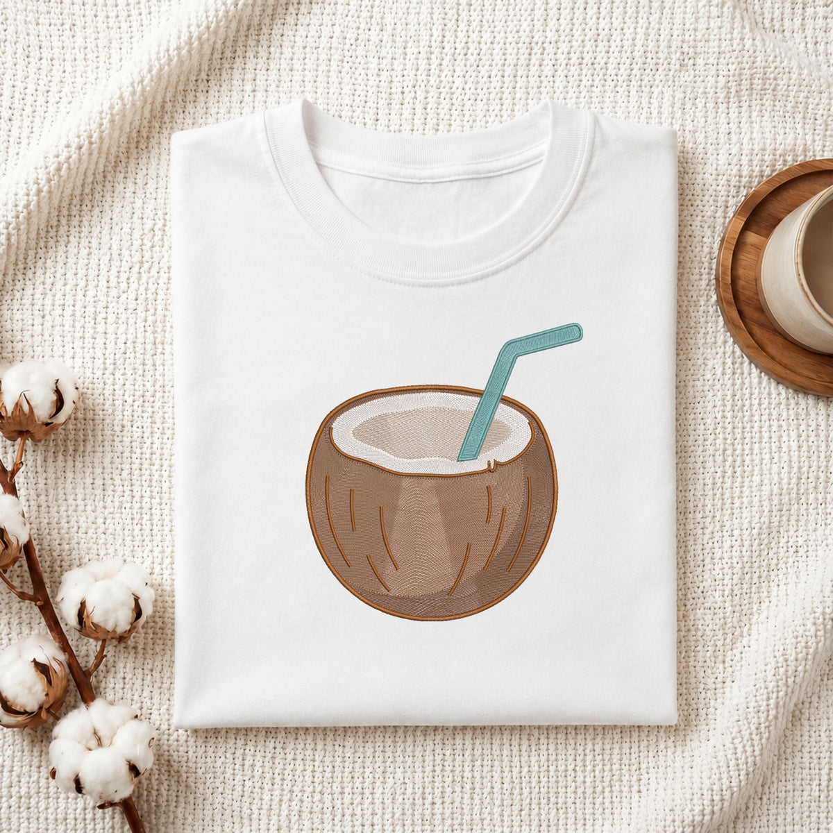 A folded white t-shirt with a graphic of a coconut drink in a brown coconut shell with a teal straw, styled on a textured cream fabric with cotton bolls and a wooden cup.