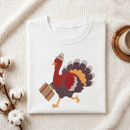 A folded white crewneck t-shirt featuring a cartoon turkey graphic wearing a Pilgrim hat and carrying a suitcase, styled on a textured cream fabric with cotton stems and a wooden cup in the background.