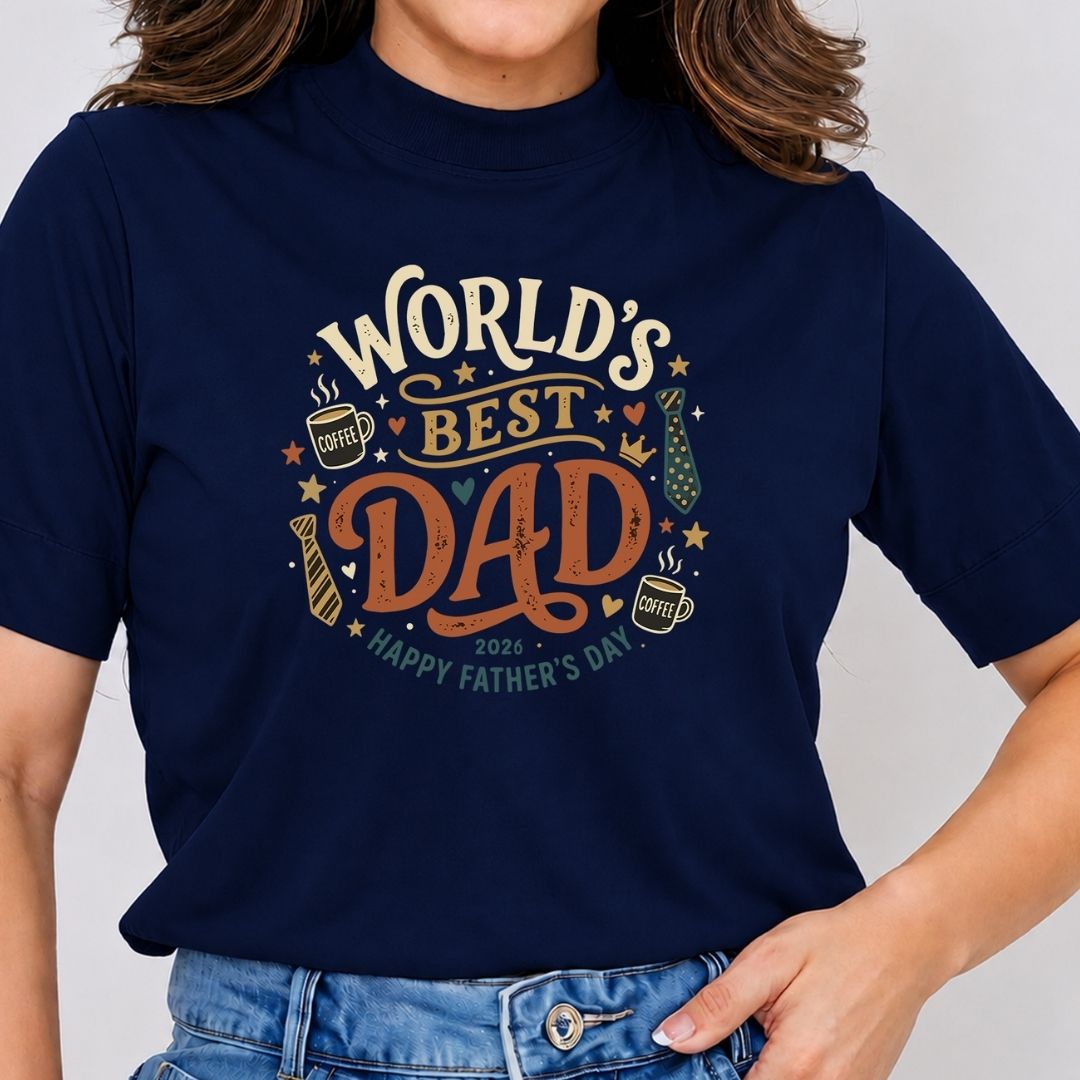 Navy blue t-shirt with 'World's Best Dad' text and graphics on a plain background