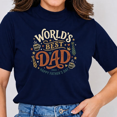 Navy blue t-shirt with 'World's Best Dad' text and graphics on a plain background