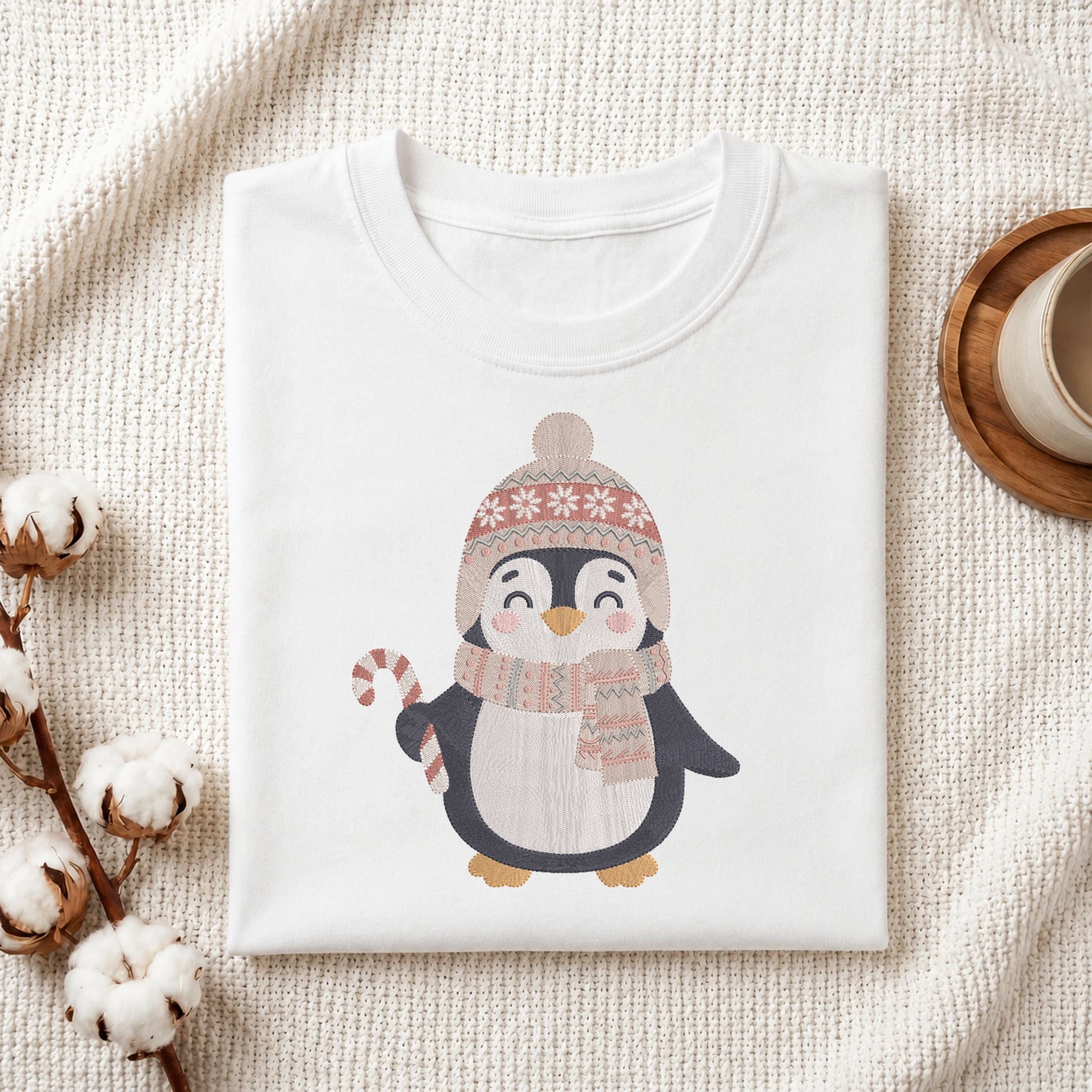A folded white crewneck t-shirt featuring a cute cartoon penguin wearing a pink and white knit hat and scarf, holding a candy cane. The t-shirt is styled in a cozy flat-lay setting on a textured cream knit blanket, with cotton bolls and a ceramic mug on a wooden tray.