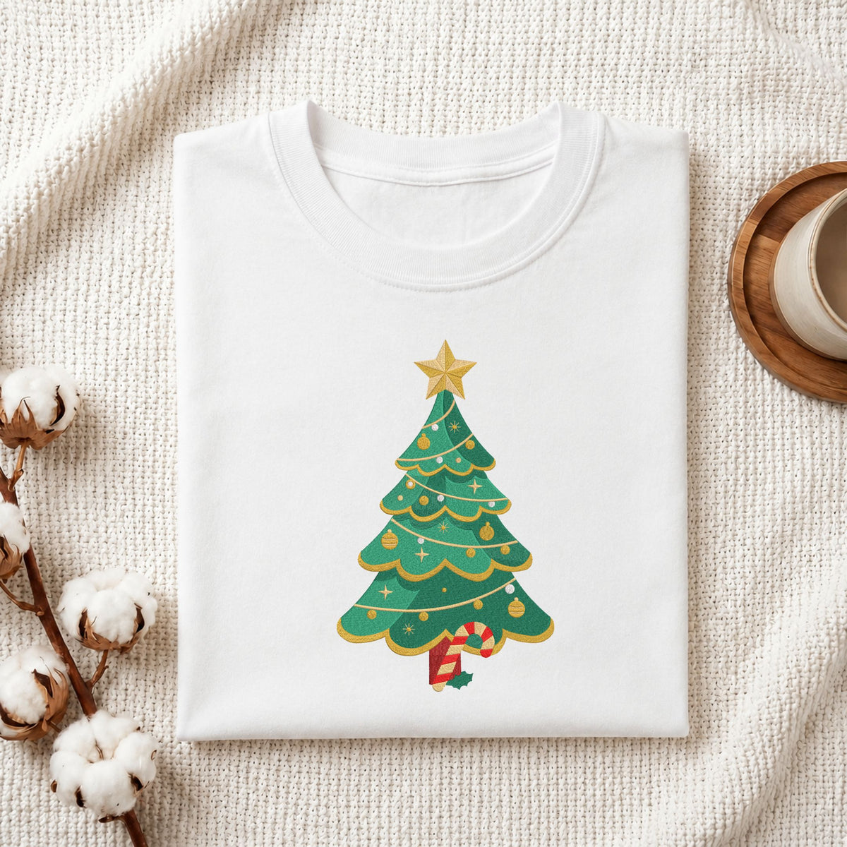 Folded white cotton t-shirt mockup featuring a decorated Christmas tree machine embroidery design, styled with cotton stems and a wooden cup