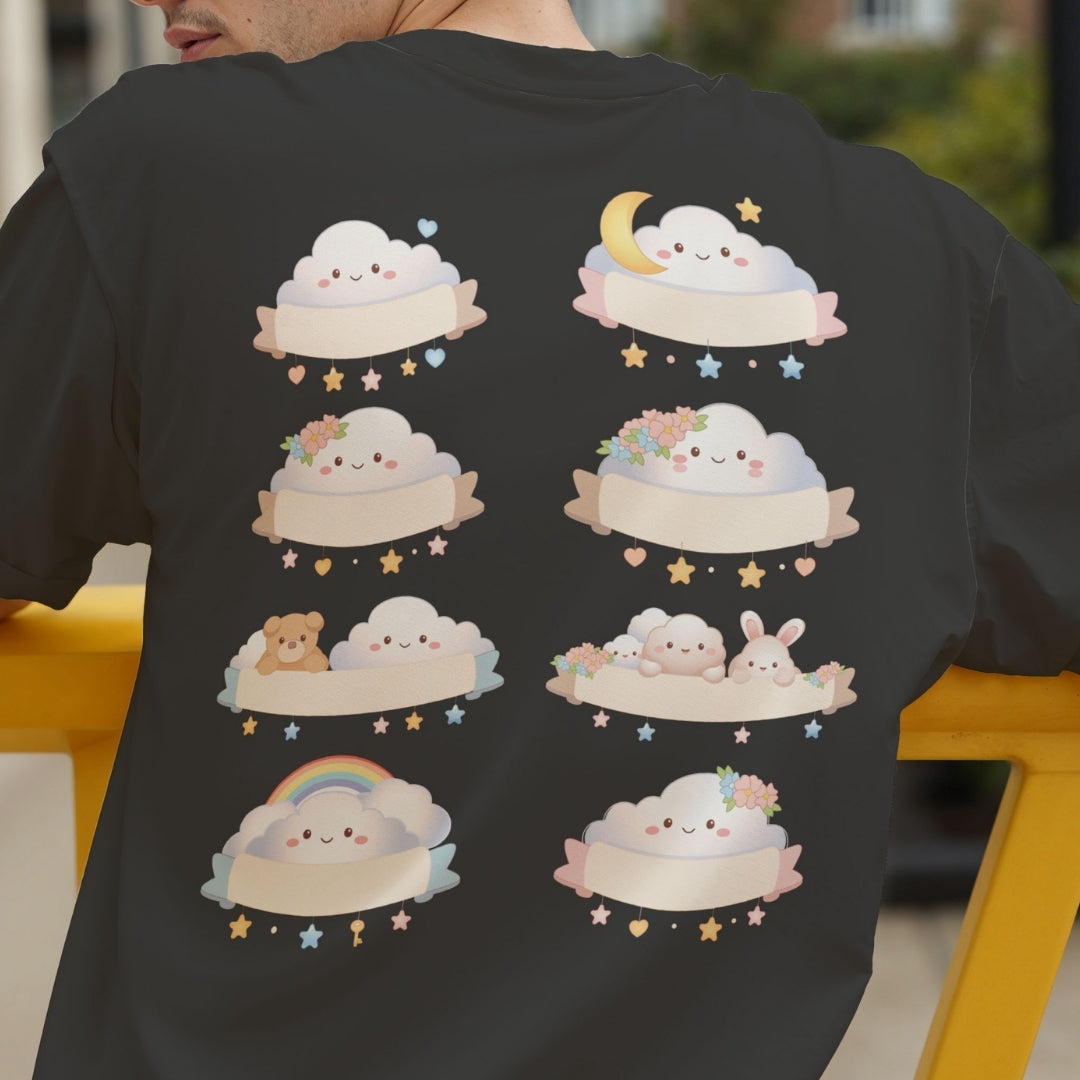 Hand holding a dark brown coffee mug printed with the adorable kawaii cloud banner graphics.