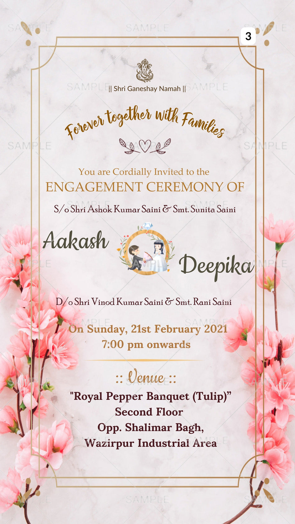 Engagement ceremony invitation card Canva Editable Template in english language with frame as flowers theme design 3