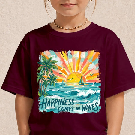 A child wearing a dark maroon t-shirt with a colorful graphic of a tropical sunset, palm trees, and waves with the text 'HAPPINESS COMES IN WAVES'.