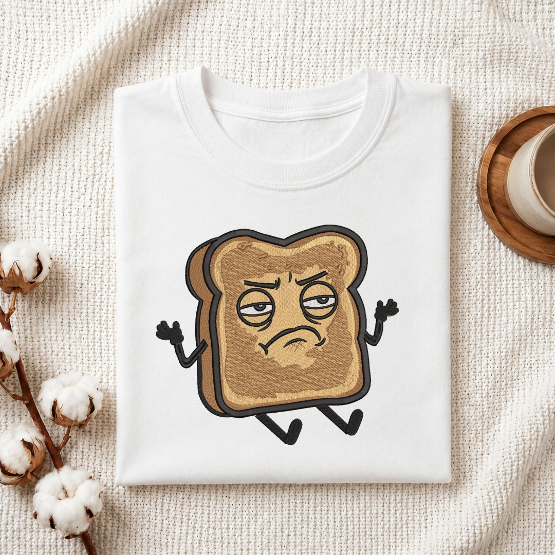 A folded white crewneck t-shirt featuring a cartoon graphic of a grumpy slice of toast with arms and legs, styled on a textured cream fabric with cotton bolls and a coffee cup in the background.