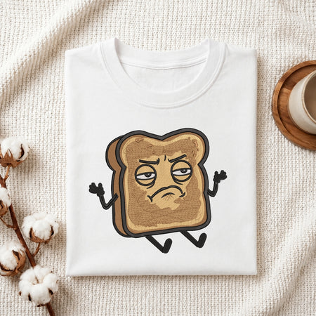 A folded white crewneck t-shirt featuring a cartoon graphic of a grumpy slice of toast with arms and legs, styled on a textured cream fabric with cotton bolls and a coffee cup in the background.