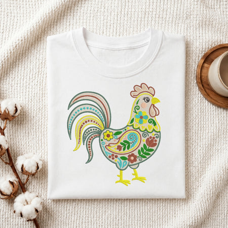 A folded white crewneck t-shirt featuring a colorful, ornate rooster graphic on the front, styled on a textured cream fabric with cotton bolls and a wooden cup in the background.