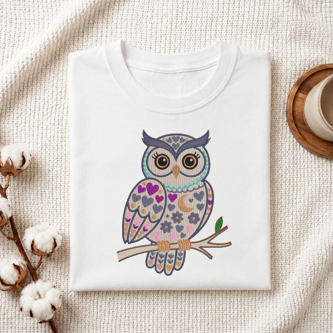 A folded white crewneck t-shirt featuring a colorful graphic of an owl perched on a branch, decorated with purple hearts, blue patterns, and a crescent moon. The t-shirt is styled in a flat-lay arrangement on a textured cream fabric, accompanied by cotton bolls and a cup on a wooden coaster.