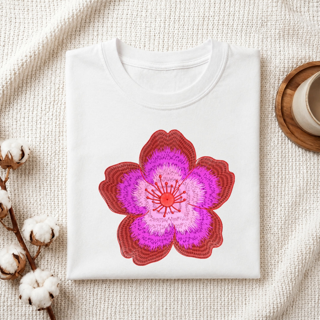 A folded white crewneck t-shirt featuring a large, stylized embroidered cherry blossom design in shades of red, pink, and purple. The t-shirt is styled in a flat-lay arrangement on a textured cream knit blanket, accompanied by cotton bolls on the left and a wooden cup on a coaster on the right.