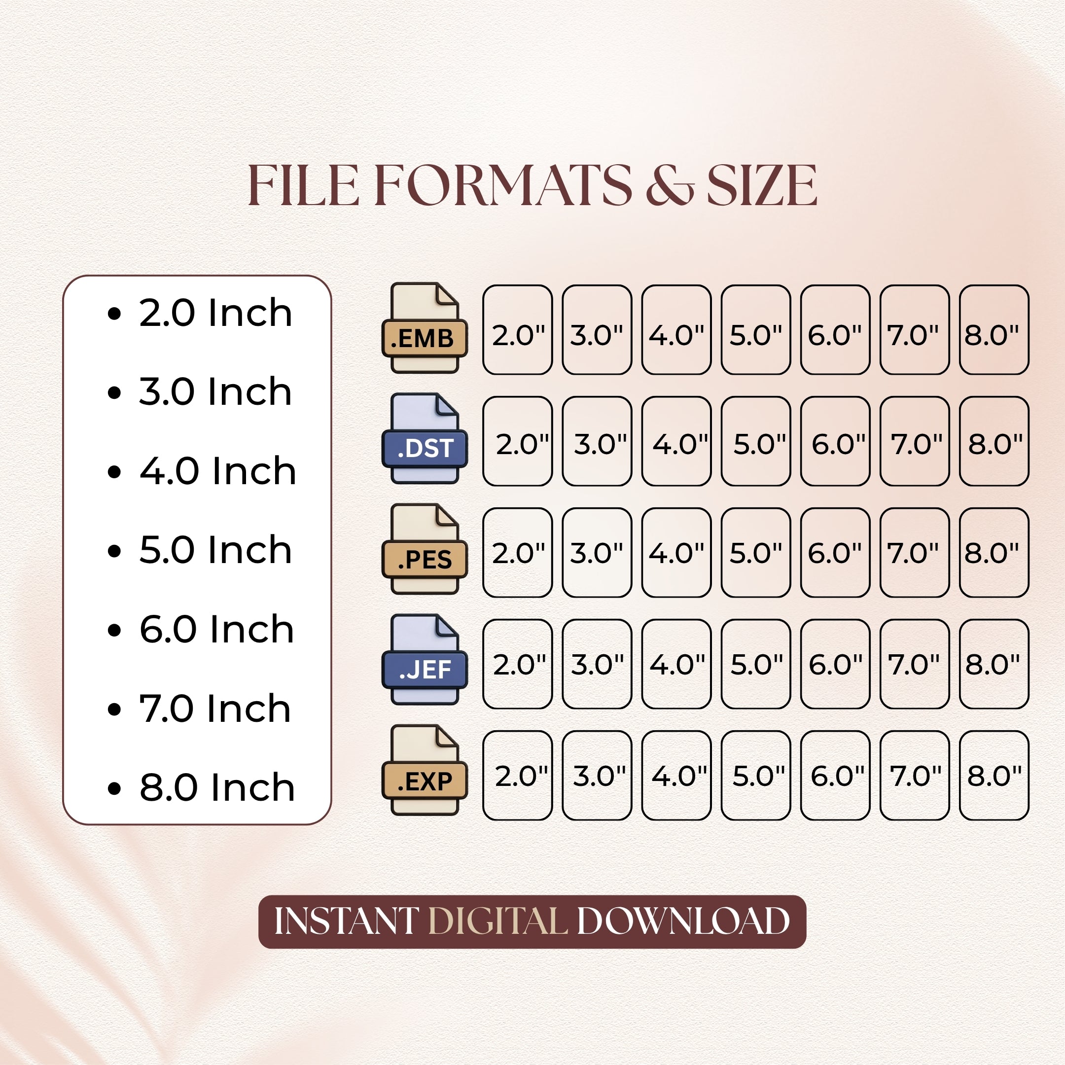 Digital infographic chart detailing available file formats like EMB, DST, PES, JEF, and EXP alongside size options ranging from 2.0 to 8.0 inches.