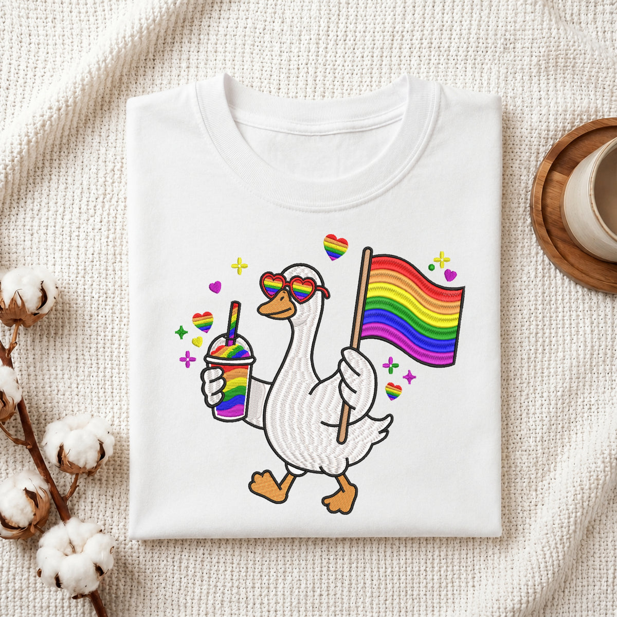 A folded white t-shirt with a colorful graphic of a walking goose wearing rainbow heart sunglasses, holding a rainbow flag and a rainbow drink, styled on a textured cream fabric with cotton bolls and a wooden cup.