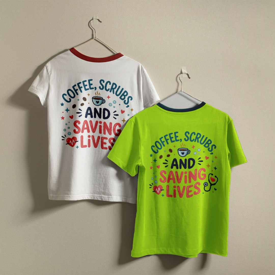 Two ringer-style graphic T-shirts hanging on hangers against a plain beige wall. The left shirt is white with a red collar trim and a multicolor chest graphic reading 'COFFEE, SCRUBS AND SAVING LIVES.
