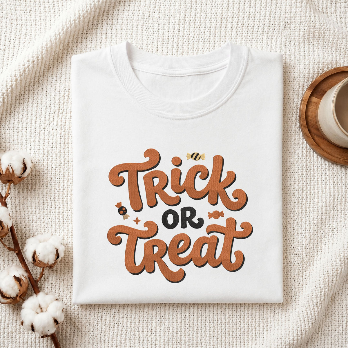 Folded white cotton t-shirt mockup featuring a "Trick or Treat" candy machine embroidery design, styled with cotton stems and a wooden cup