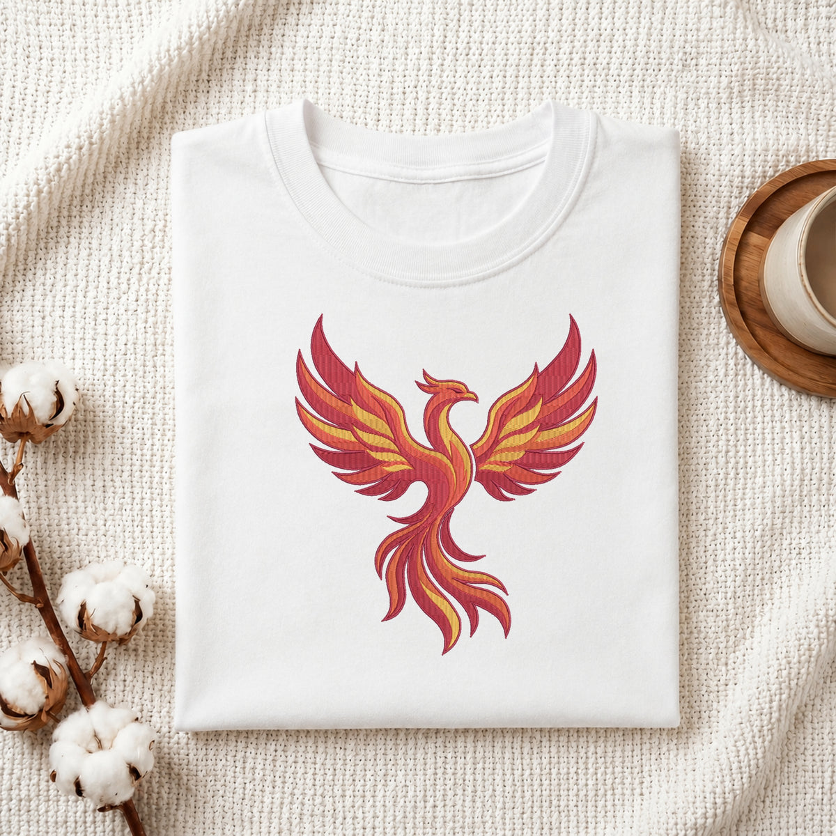 A folded white crewneck t-shirt featuring a vibrant red and orange phoenix graphic on the front, styled on a textured cream fabric with cotton bolls and a wooden cup.