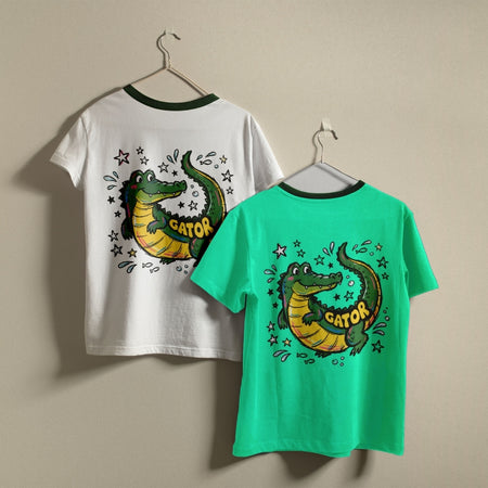 Cartoon Alligator Graphic Ringer Shirts on Hangers