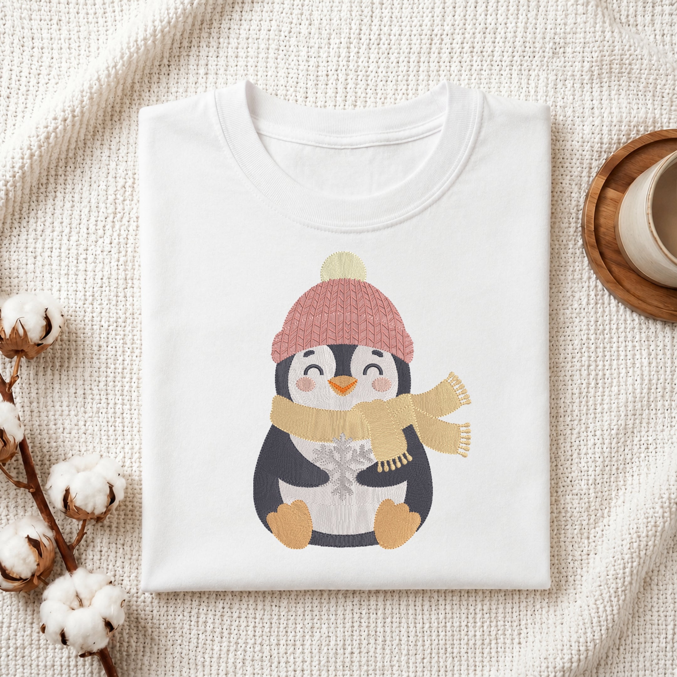 A folded white crewneck t-shirt featuring a cute cartoon penguin wearing a pink knit hat and a yellow scarf, styled on a textured cream knit blanket with cotton stems and a mug in the background.