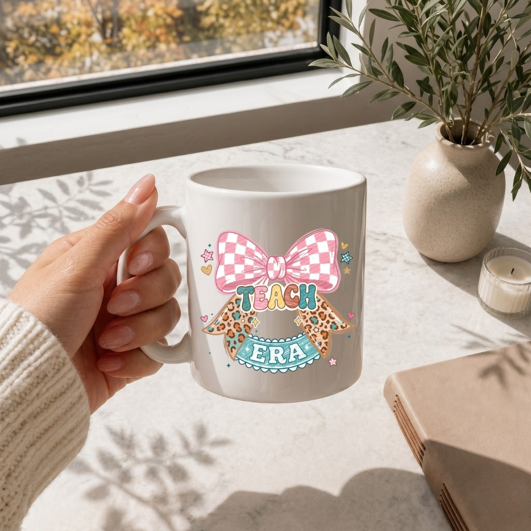 White Ceramic Mug with Teach Era Retro Mockup
