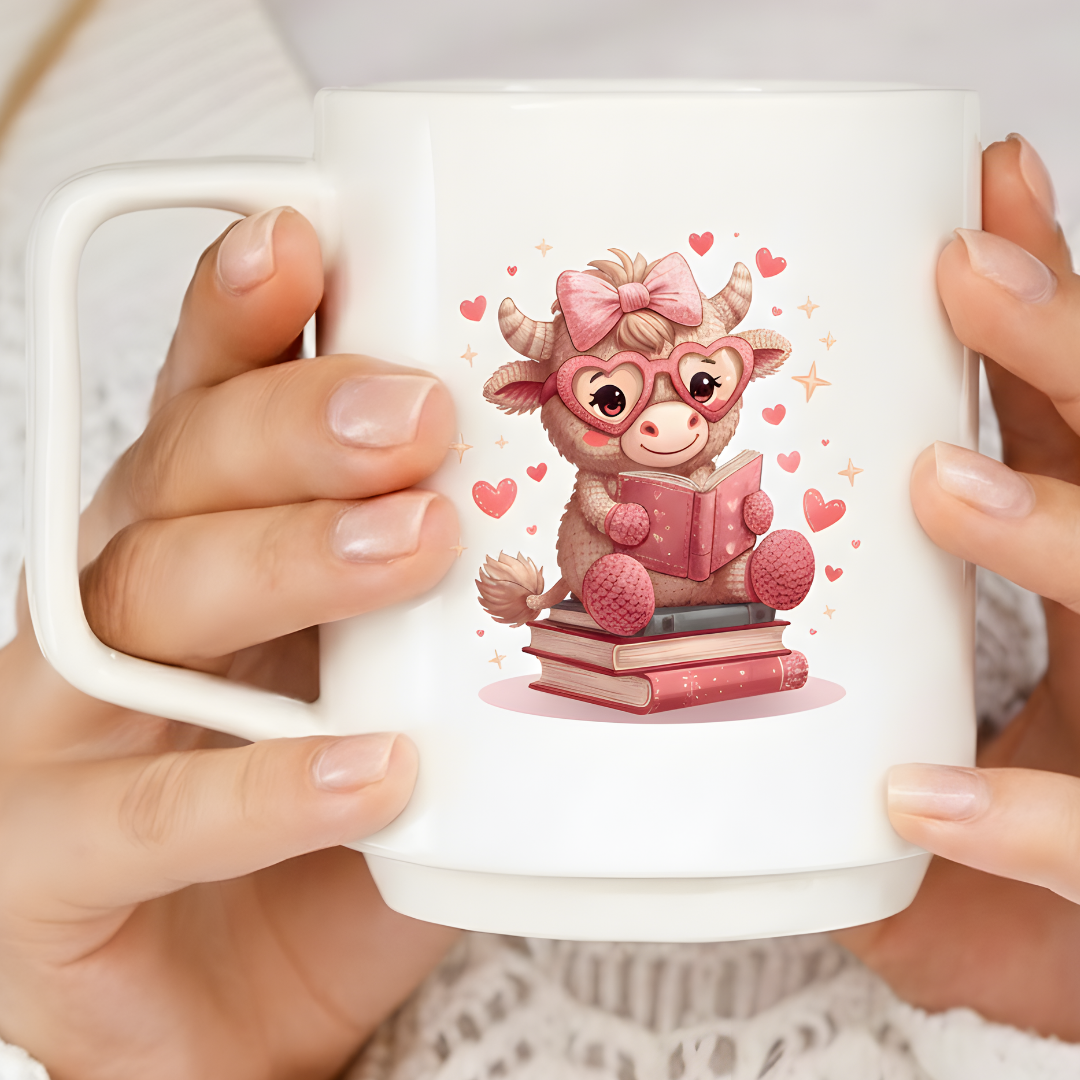 White mug with a cute cartoon bull design holding a book, surrounded by hearts, held by hands.