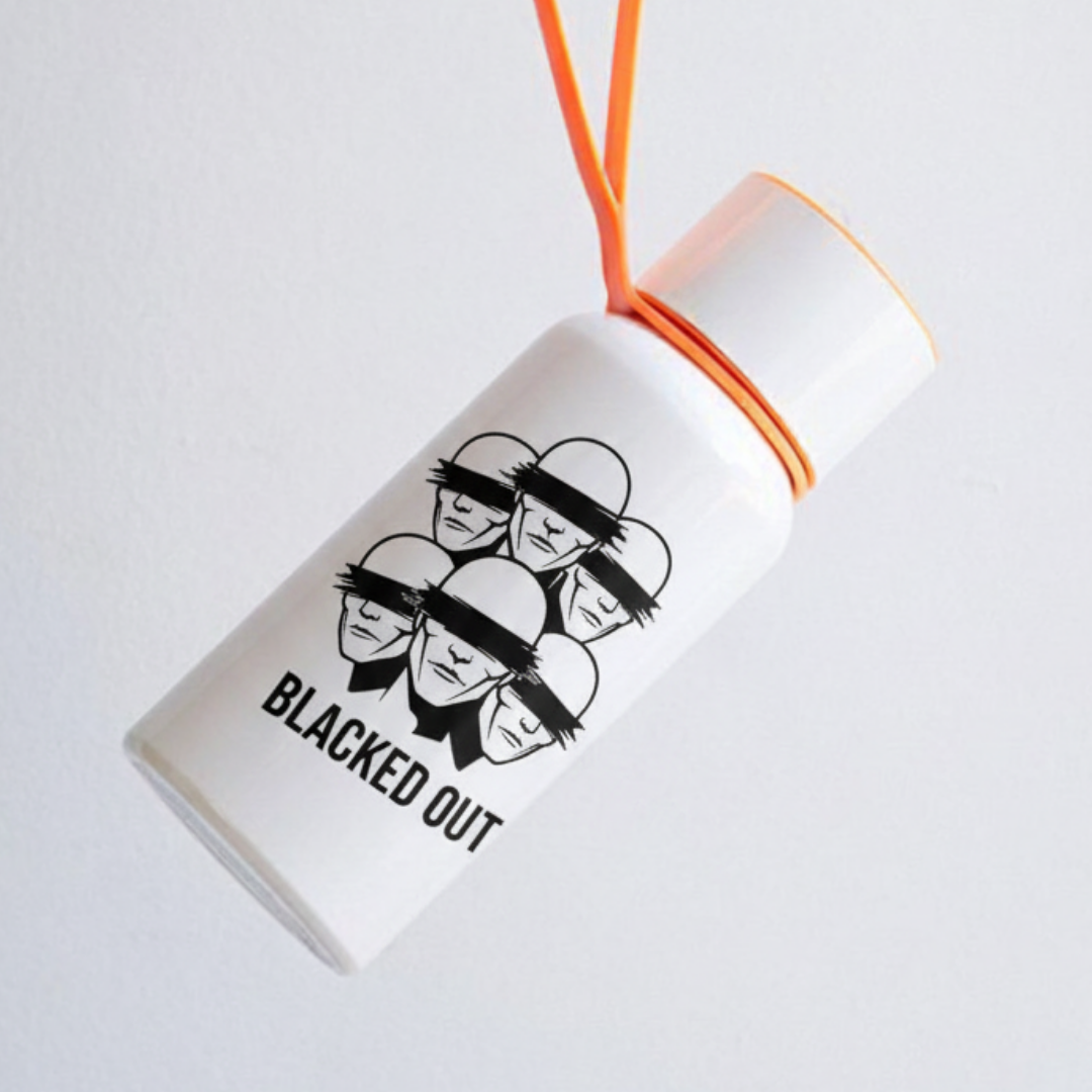 White bottle with black graphic design and 'Blacked Out' text on a white background