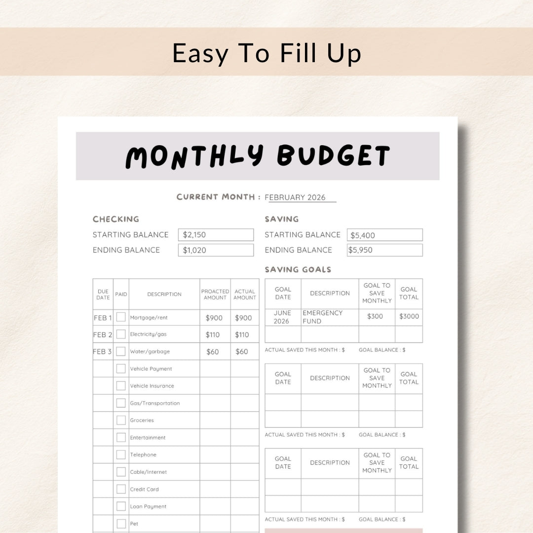 Monthly budget sheet with a light beige background