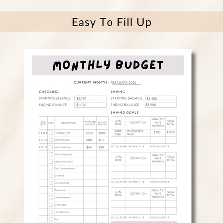Monthly budget sheet with a light beige background