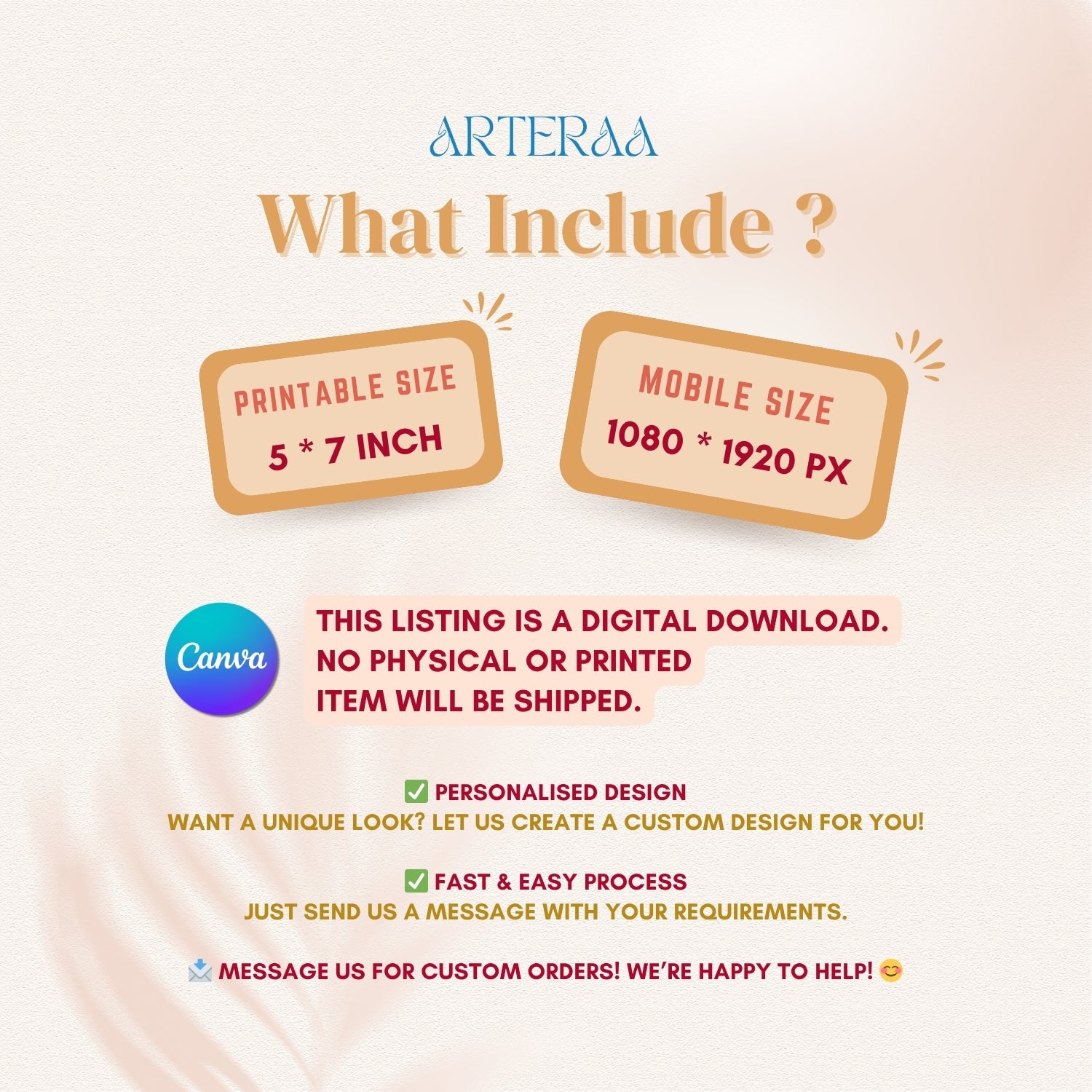 Promotional text about Arteraa digital product sizes and features on a light pink background.