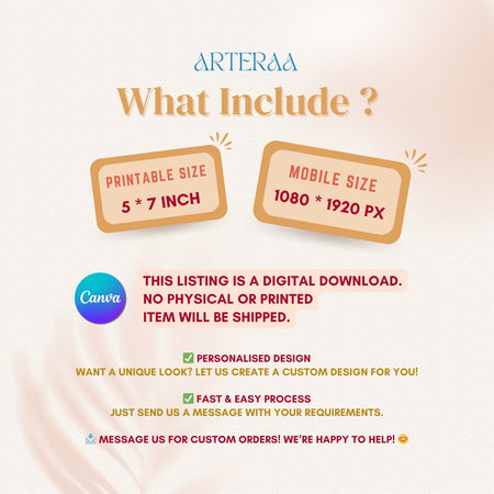 Promotional text about Arteraa digital product sizes and features on a light pink background.