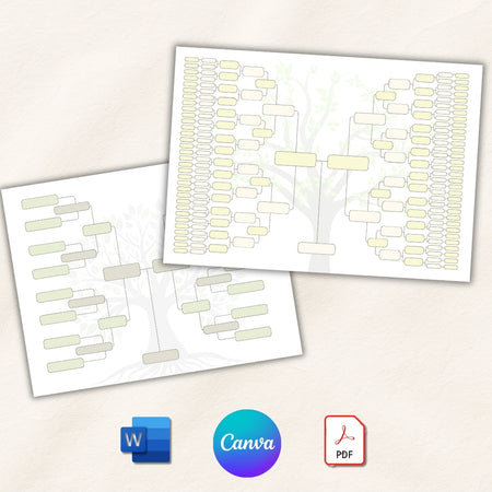 Two sheets of pre-designed charts with icons for Microsoft Word, Canva, and PDF on a light background