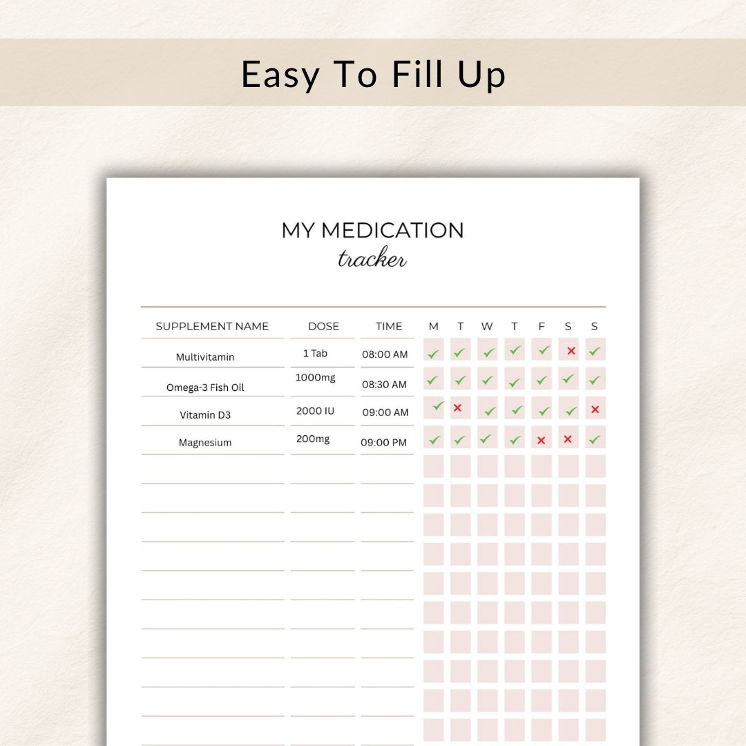 Medication tracker with checkboxes for daily medication reminders on a light beige background.