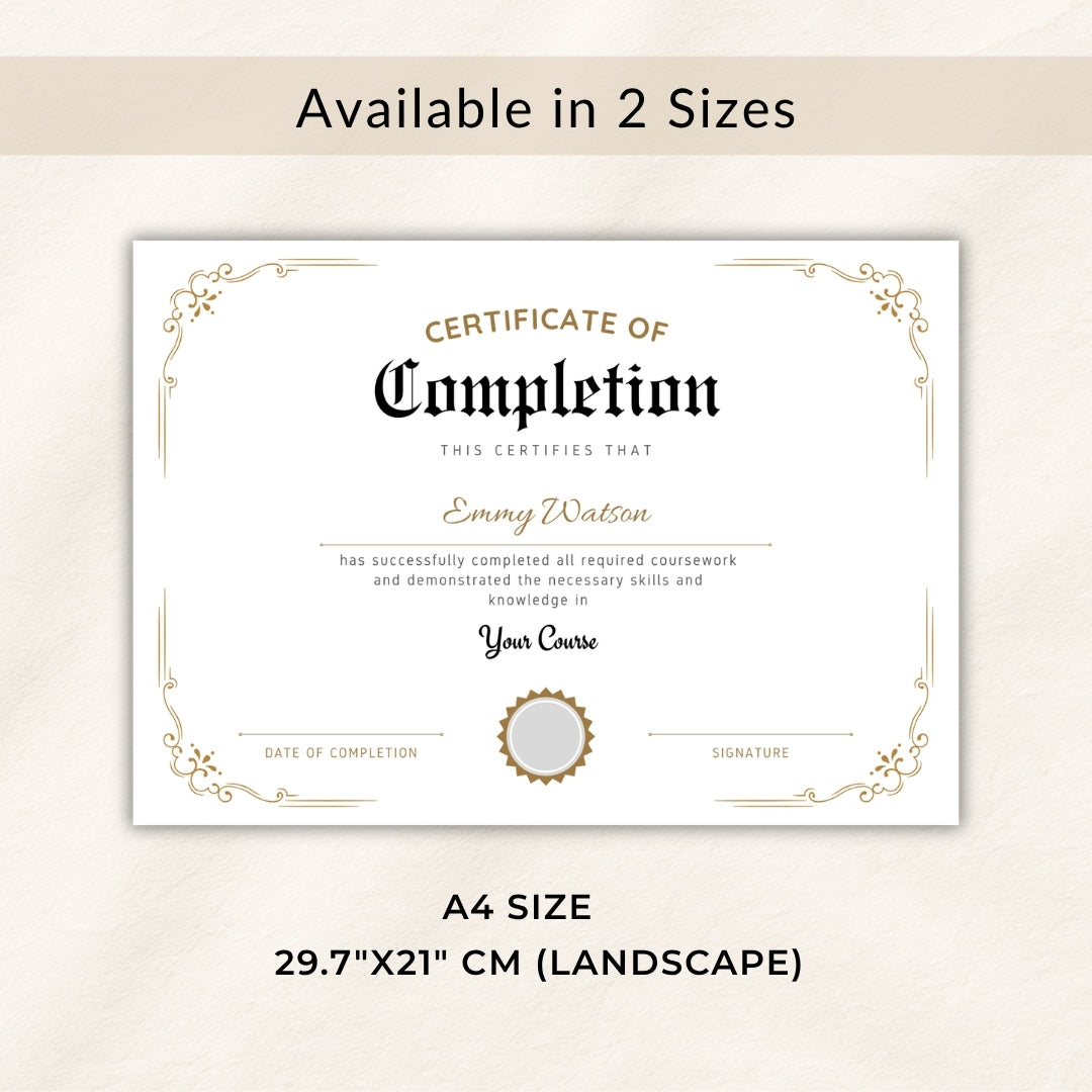 Certificate of Completion template with decorative border on a beige background