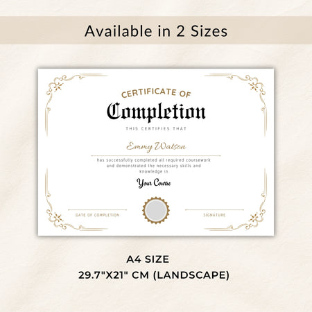 Certificate of Completion template with decorative border on a beige background