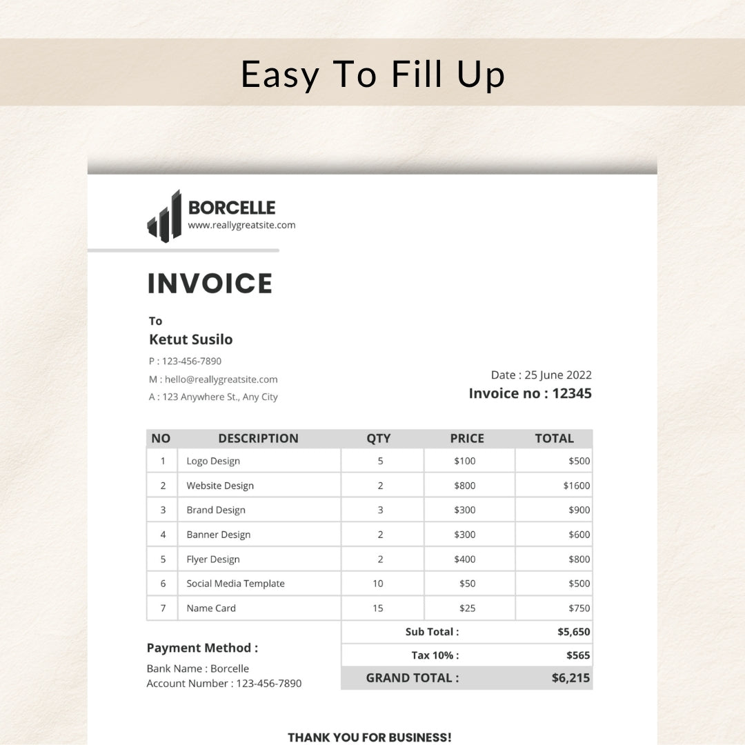 Invoice template from Borcelle with a beige border and text 'Easy To Fill Up'.