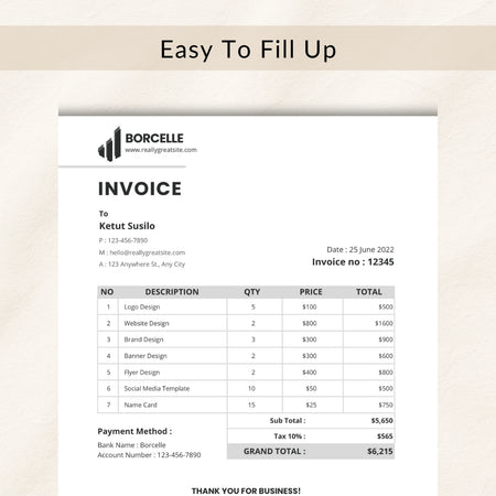 Invoice template from Borcelle with a beige border and text 'Easy To Fill Up'.