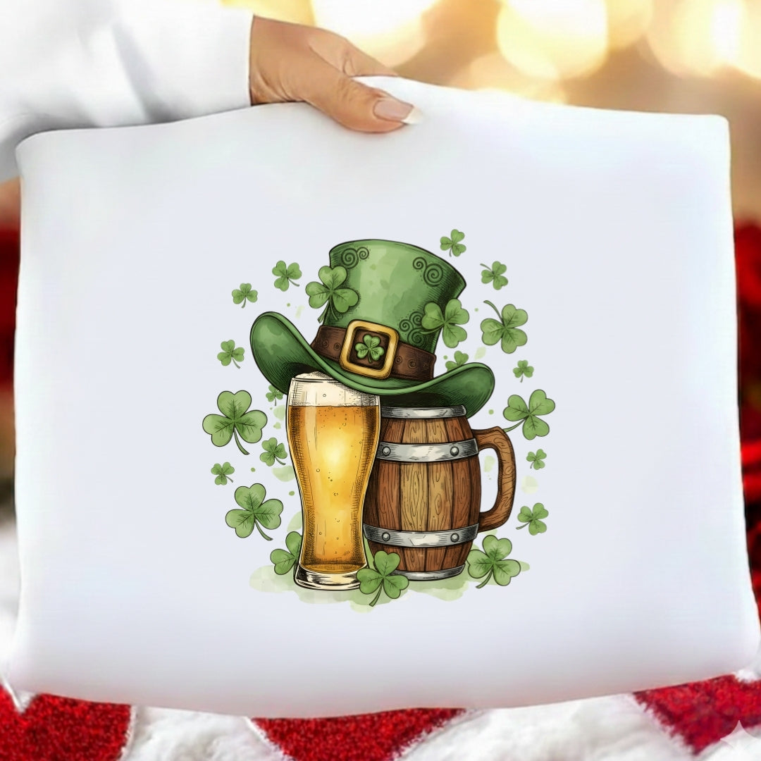 Decorative pillow with a St. Patrick's Day design featuring a leprechaun hat, beer glass, and barrel.