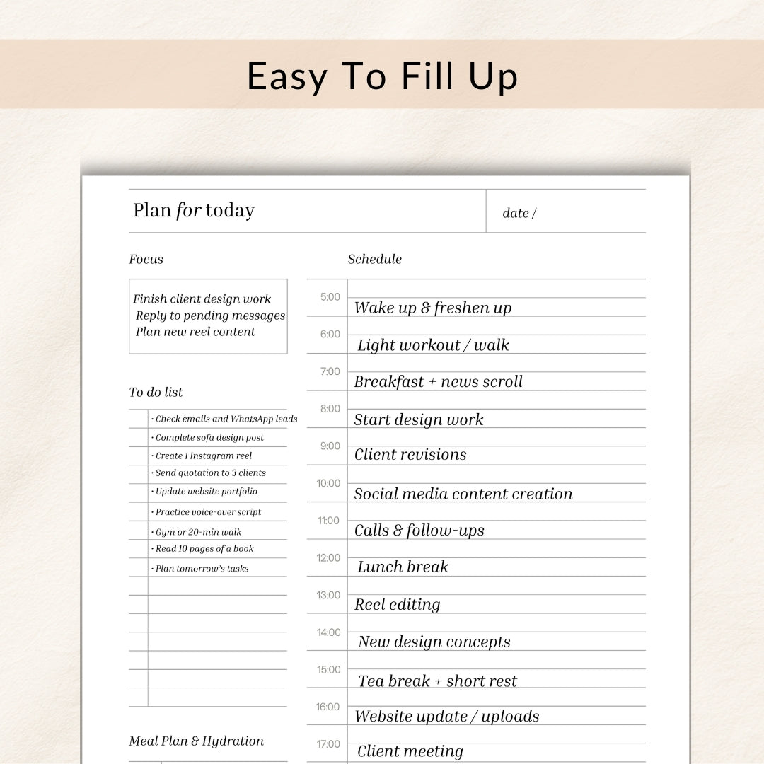 Daily planner with tasks and schedule on a light background