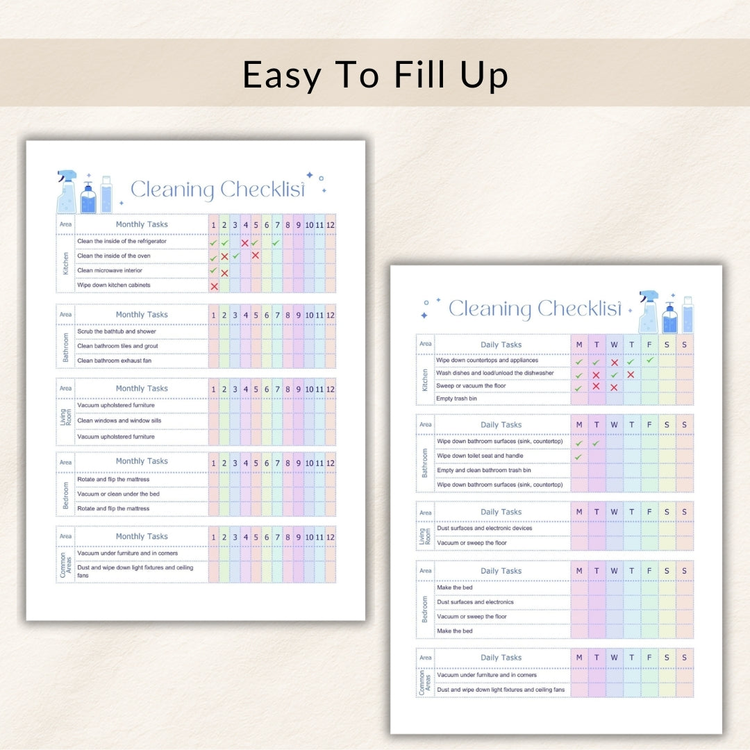 Two cleaning checklists with colorful checkboxes on a beige background