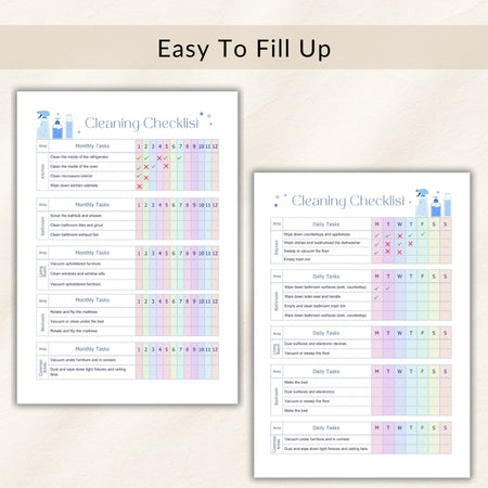 Two cleaning checklists with colorful checkboxes on a beige background